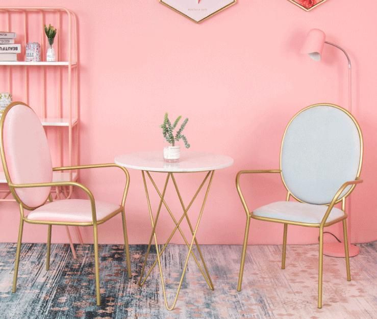 Design Gold Metal Frame Heart Shape Back Pink Color Chairs Dining Room Chair Home Furniture