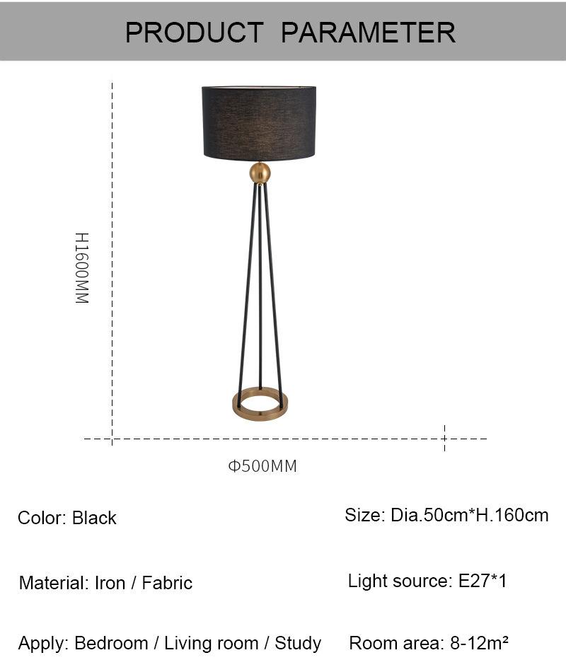 American Retro Floor Lamp for Living Room Black Fabric Shade Nordic Villa Hotel Floor Industrial Lamp (WH-MFL-147)