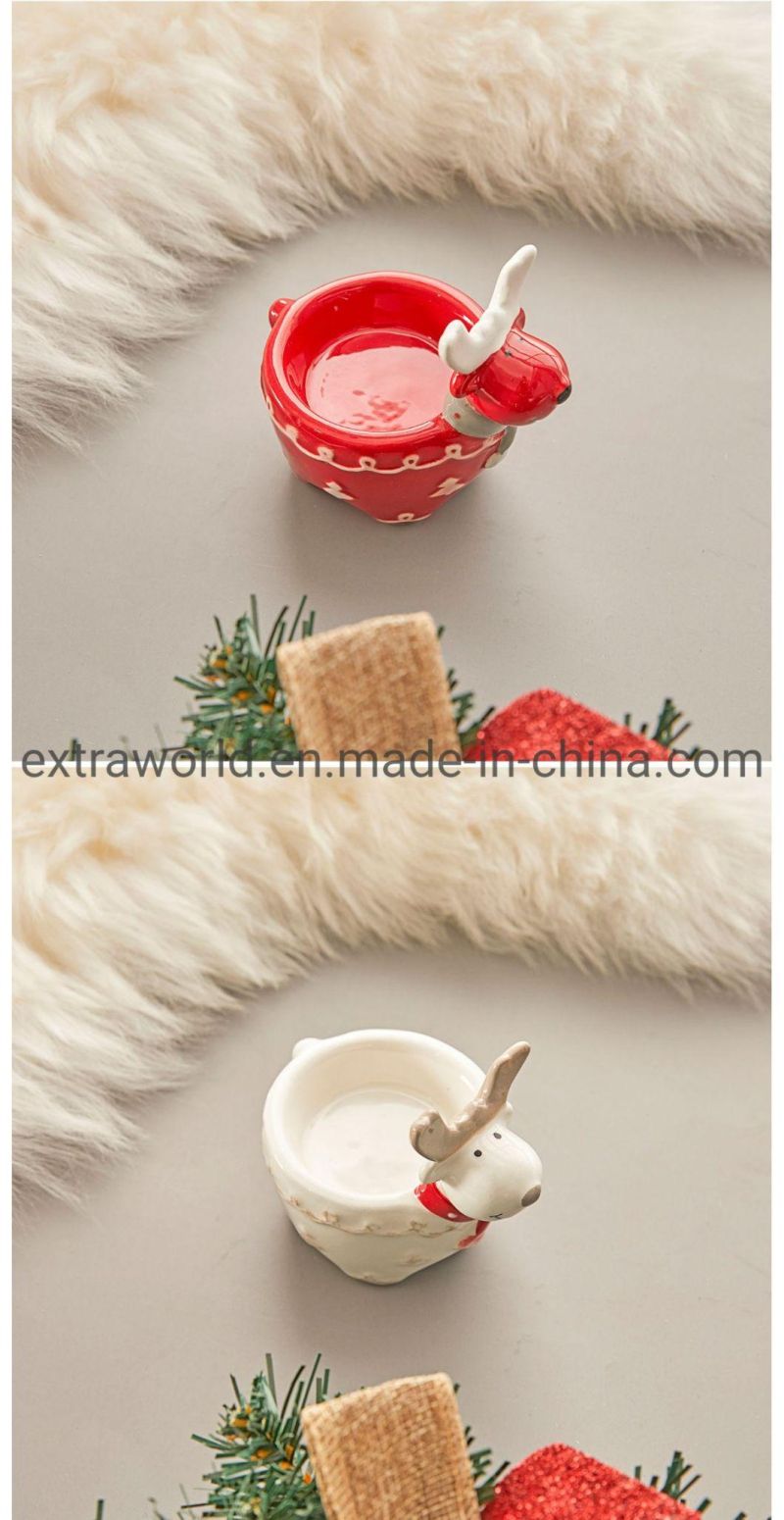 Ceramic Christmas Cute White and Red Color Deer Tealight Candle Holders with Ribbon