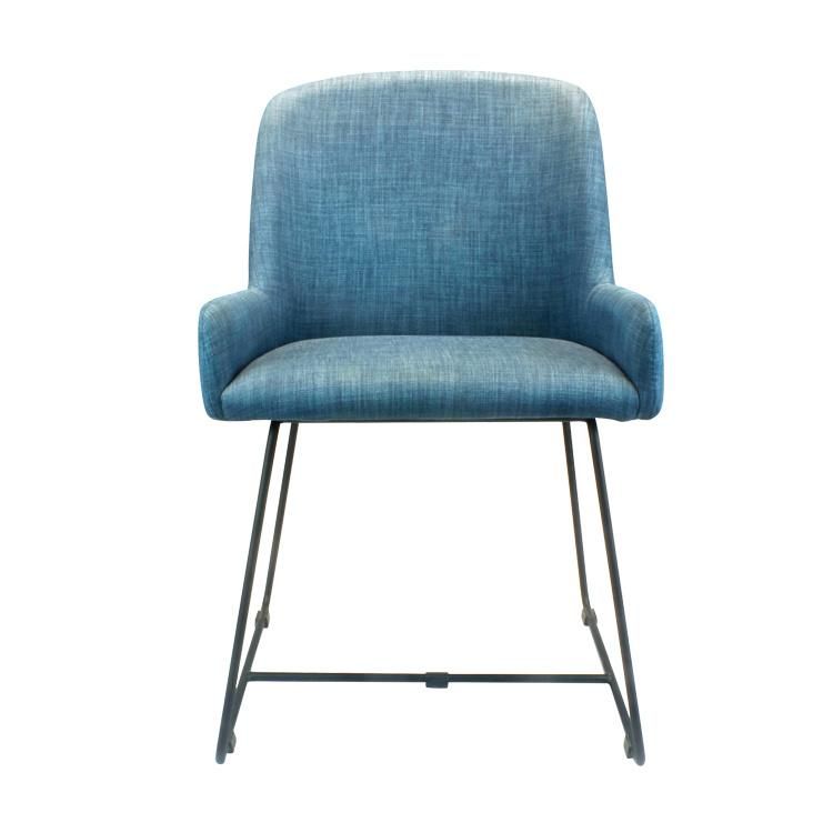 Blue Fabric Seat Armrest Metal Legs Dining Chair for Restaurant Use