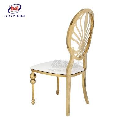 Elegant Golden Stainless Steel Carved Back Stackable Chair with White Cushion