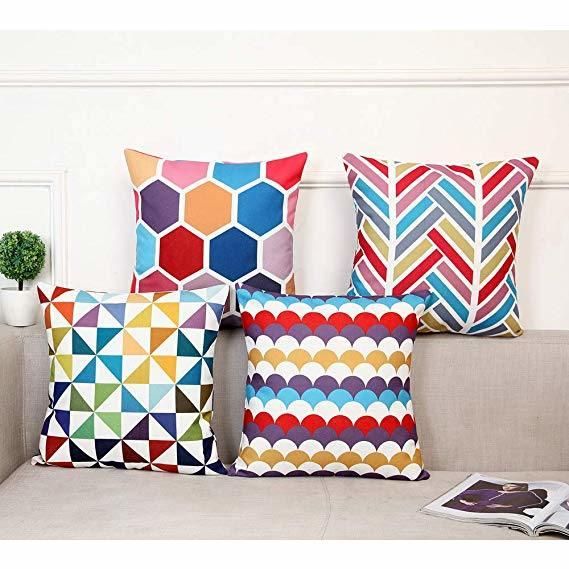 Gemetrical Check Design Color Printing Throw Cushion on Sofa