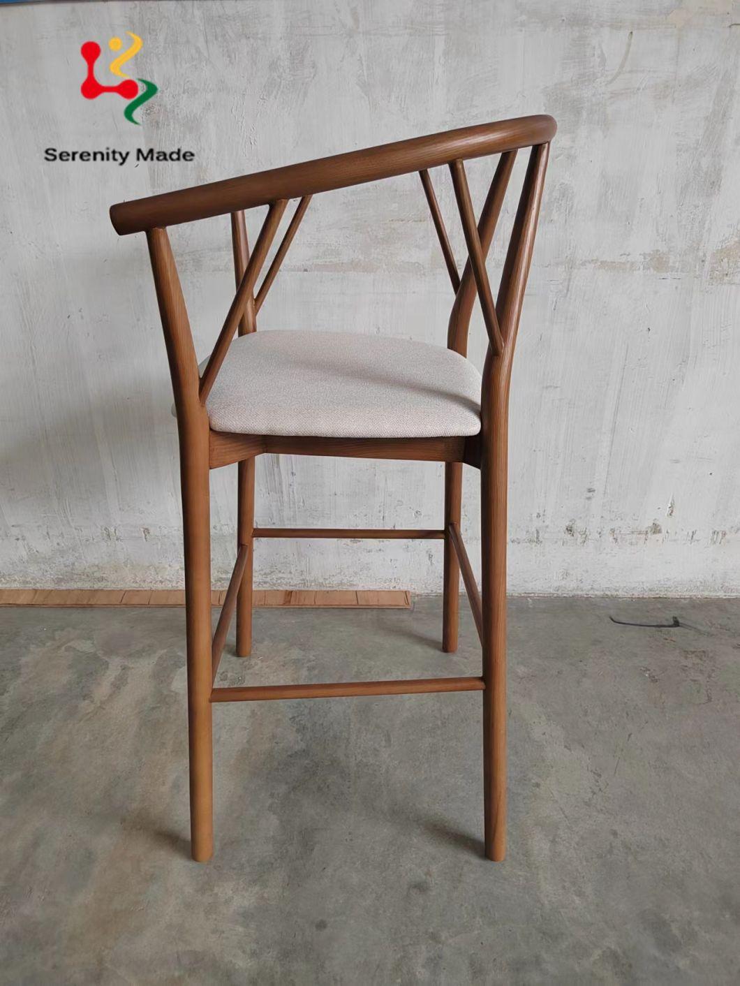 Restaurant Use Solid Wood High Quality Kitchen High Counter Chair with Branch Design Backrest Fabric Cushion Bar Stool