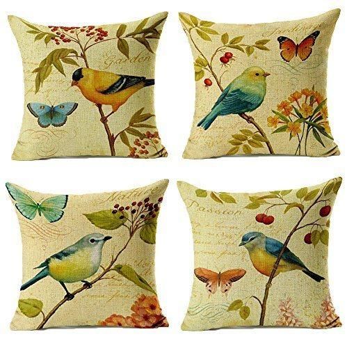 Cozy Bird Printing Throw Cushion on Sofa Linen Fabric