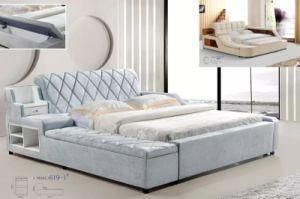 Modern Fabric Bed Bedroom Furniture Double Storage Bed with Buttons Wood Legs
