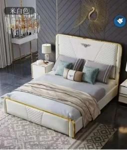Luxury Cream Color Fabric Hotel Bed at Home Double Bed with High Headboard