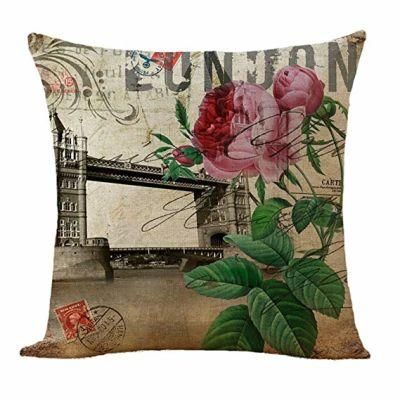 Cozy Building Flower Design Digital Printing Cushion on Sofa 100% Polyester Linen Fabric Chair Cushion Pillow Case Eiffel Tower Big Ben