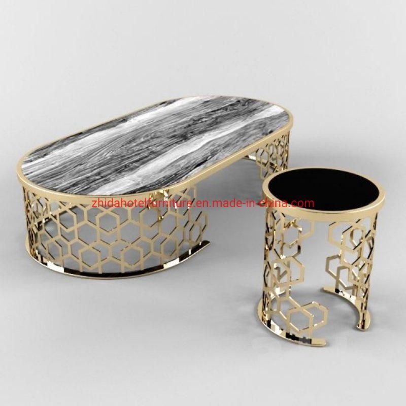 Marble Metal Furniture Modern Glass Mirrored Gold Coffee Table Se