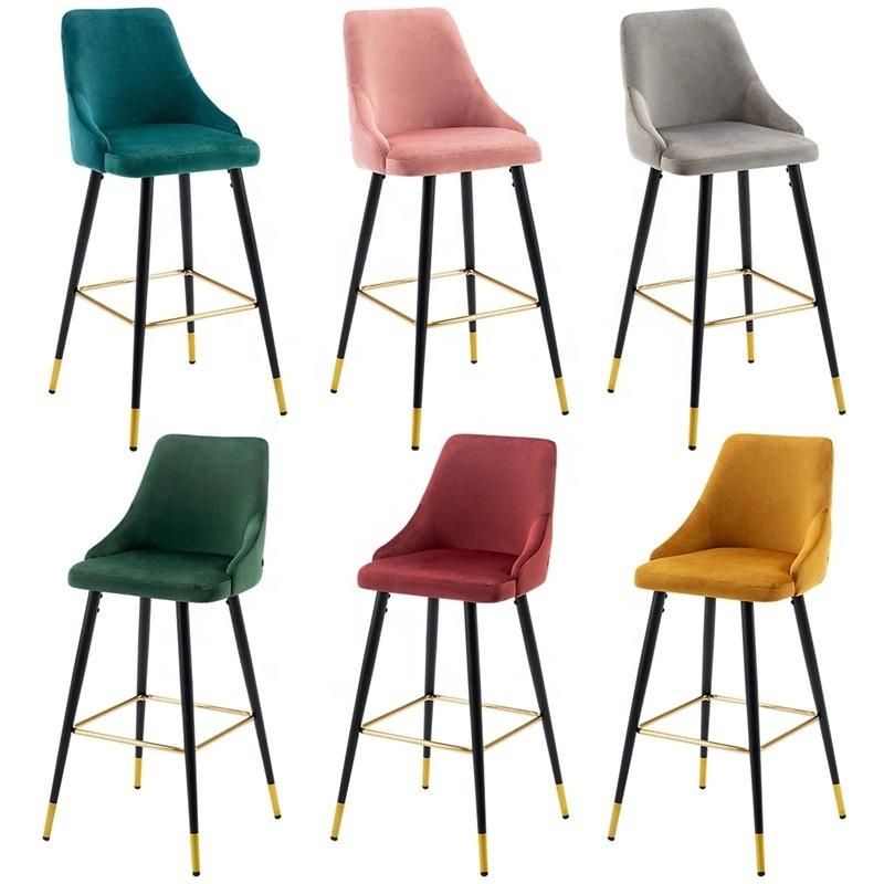 Modern Counter Breakfast Kitchen Chair Retro Bar Stool High Back Velvet Fabric Bar Chair with Black Golden Painting Legs