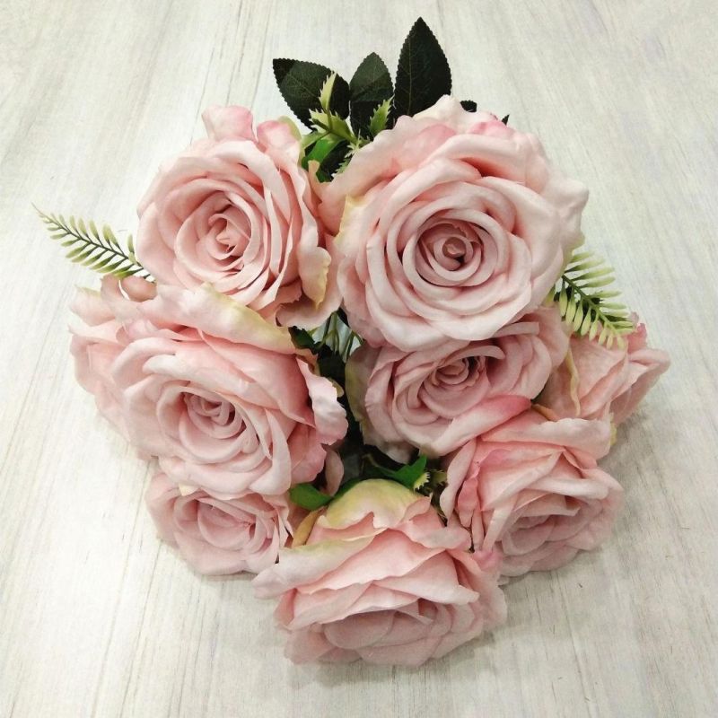 Decorative Silk Fabric Flowers 9 Heads Artificial Flowers Rose Wedding Bouquets for Sale