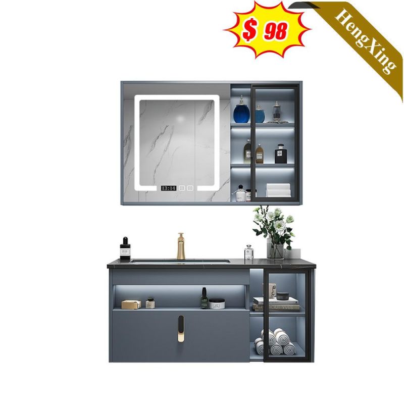 Wall Mounted Bathroom Vanity Cabinet Modern Blue Melamine Wood Square with Light Mirror
