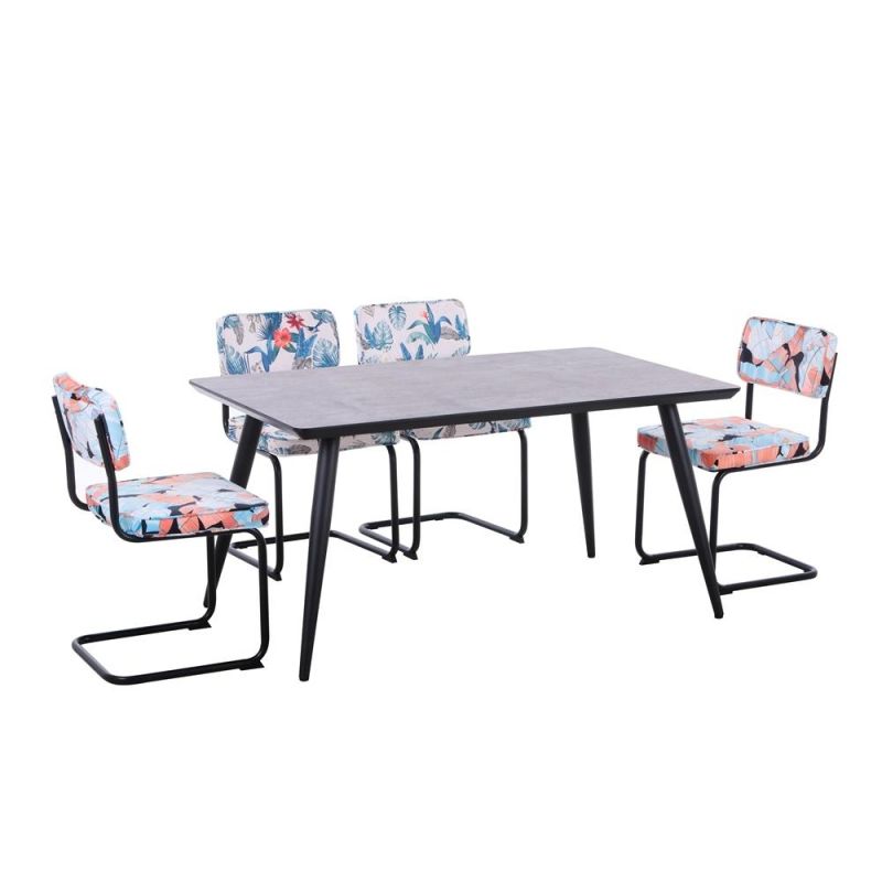 Modern Good Quality Black Square Wooden Dining Table with Flower Fabric Chairs 4 Seats Italian Dining Room Set