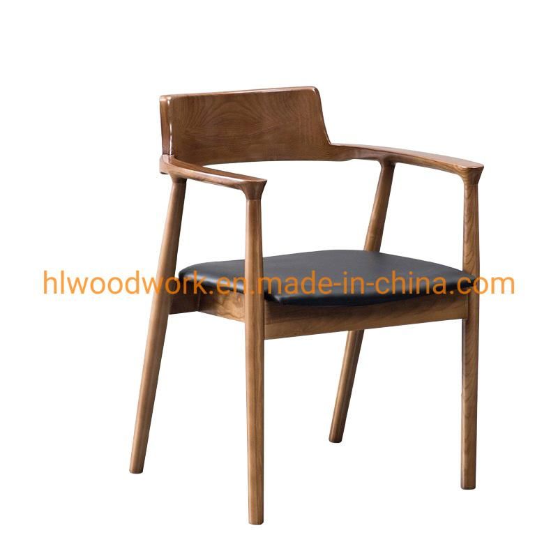 High Quality Hot Selling Modern Design Furniture Dining Chair Oak Wood Walnut Color Black PU Cushion Wooden Chair Home Furniture Arm Chair Dining Chair