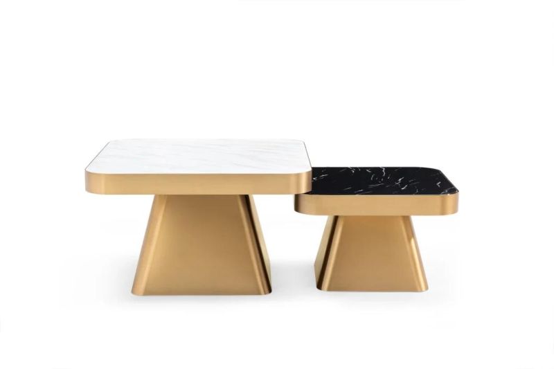 Zhida Metal Mirror Gold Side Table Set Modern Luxury Home Furniture Square Marble Top Center Table Hotel Apartment Living Room Coffee Table for Villa