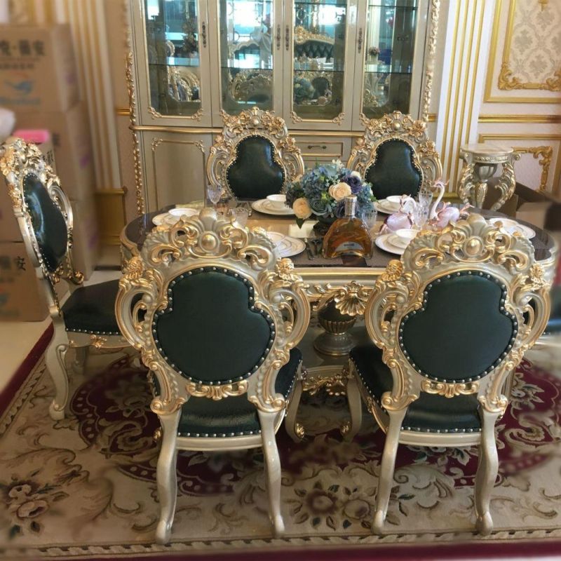 Home Hotel Furniture Antique Luxury Royal Gold 6 Chairs Marble Round Dining Table Set