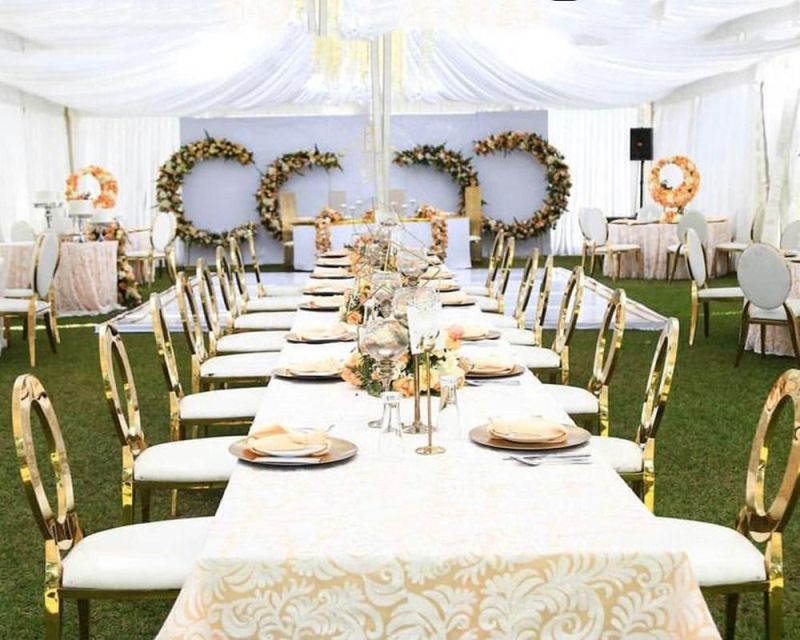 Hole Flower Pattern Back Hotel Stainless Steel Furniture Restaurant Event Gold Wedding Banquet Chiavari Wholesale Tiffany Stackable Event Center Dining Chair