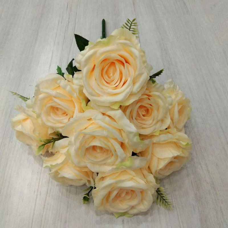 Decorative Silk Fabric Flowers 9 Heads Artificial Flowers Rose Wedding Bouquets for Sale