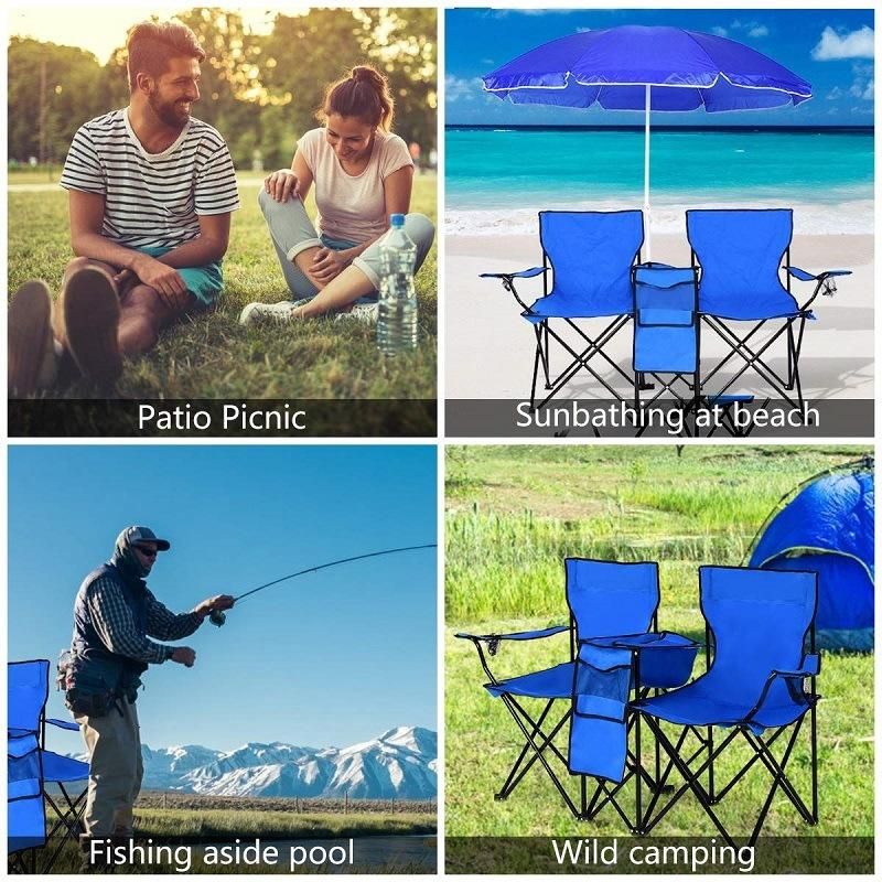 Double Folding Camping, Fishing Beach Chair with Removable Umbrella Table Cooler Bag