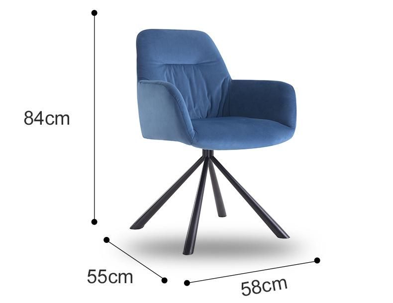 Dining Chair Velvet Wooden Structurer Metal Legs with Blue Linen Fabric