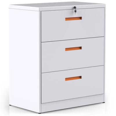 Metal Lateral File Cabinet with Lock White+Orange, 3-Drawers, Filing Storage Cabinet