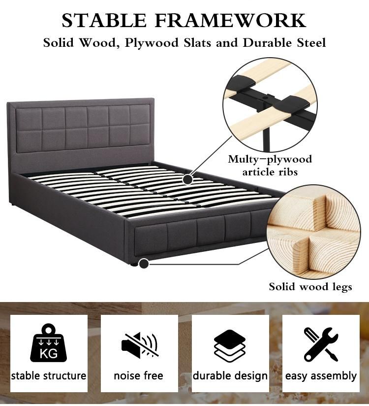 Modern Stylish Fabric Single/Double/King Size Gas Lift Storage Bed Frame with Solid Wood Foot