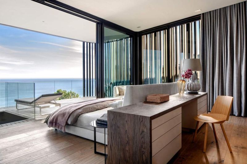 Luxury Beach Villa Modern Fabric Bed in Middle of Room Attach Desk with Drawers Behind Bed