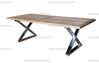 Nordic Country Farm House Design Furniture Nature Reclaimed Elm Wood and Stainess Steel Cross Base Dining Table