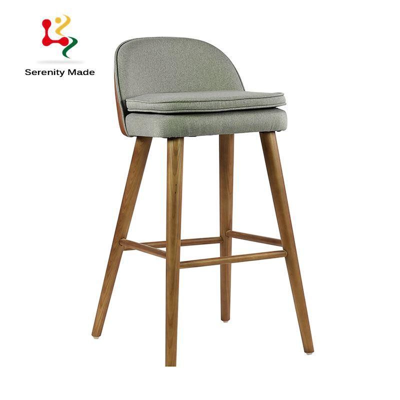Commercial Nodic Style Restaurtant Fabric Cover Seat Wooden Legs Bar Stool Cafe High Counter Chair