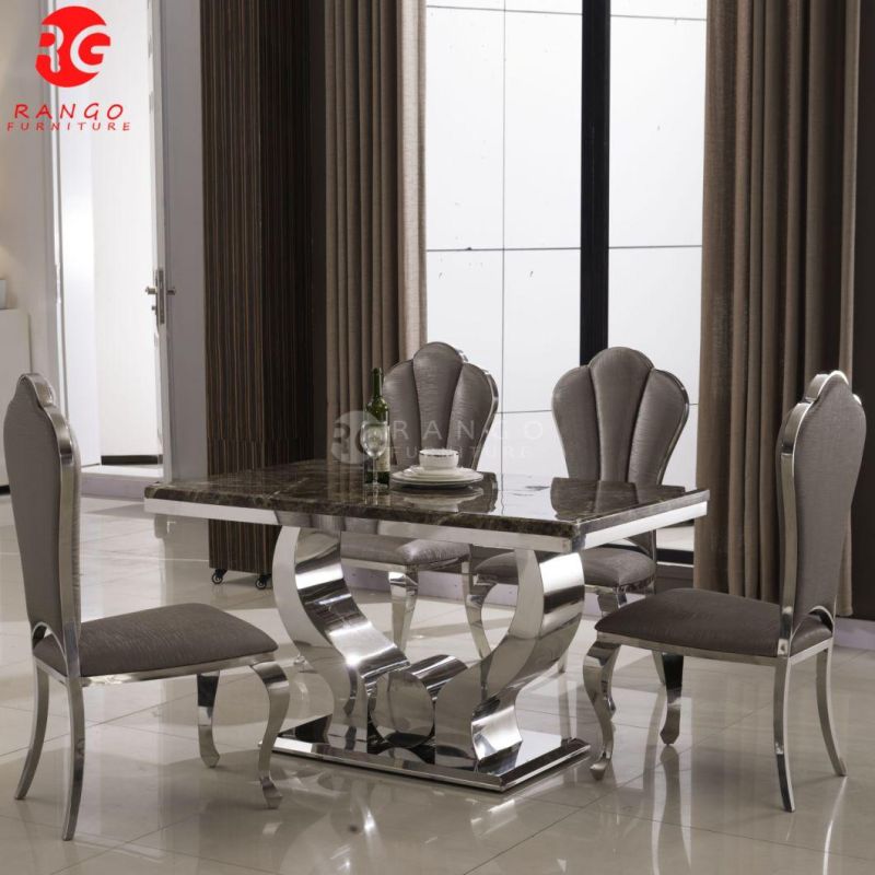 Dining Table with Premiere Grey Fabric Knockerback Chairs Grey Marble and Stainless Steel Chrome