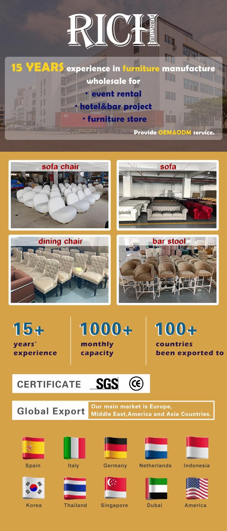 Restaurant Furniture Metal Golden Legs 6 Dinner Chairs for Dining Table Fabric Dining Chair