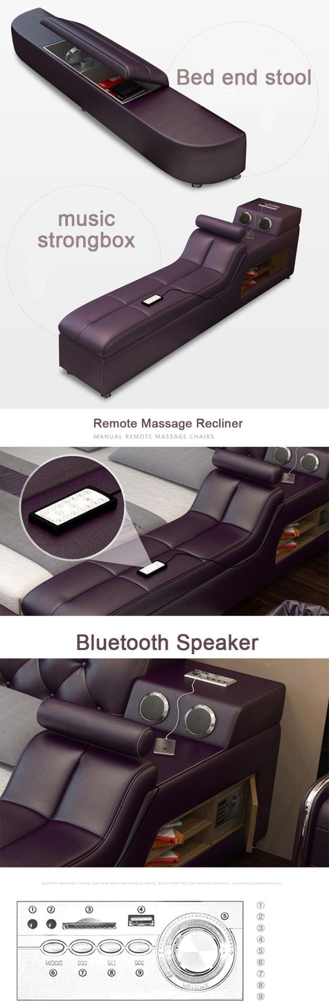 Home Bedroom Furniture Bluetooth Massage Bed Combination Leather King Bed