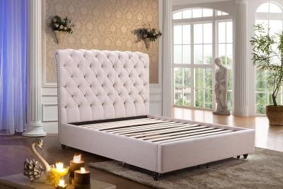 Upholstered Bed with Linen Fabric for Bedroom Furniture