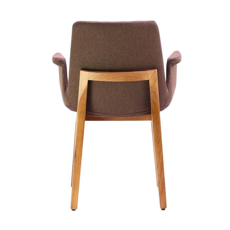 Wooden Legs Dark Wine Red Colour Fabric Seat Dining Chair with Armrest for Restaurant Use