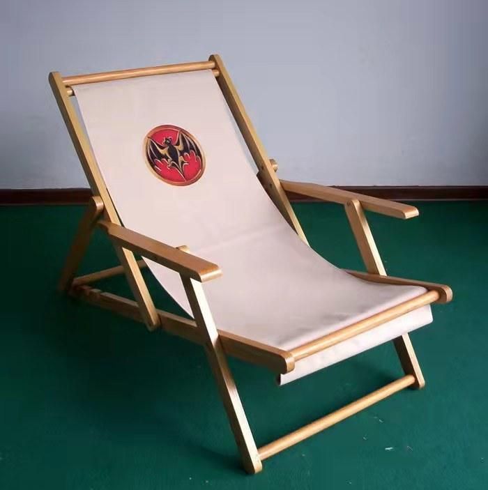 Adjustable Height Foldable Wooden Beach Chair with Pillow Red Stripe Pattern Moon Chair