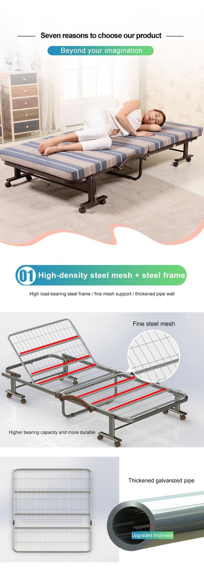 Wholesale Folding Bed Portable Bedroom Furniture Metal Frame on Wheels for Meeting Room
