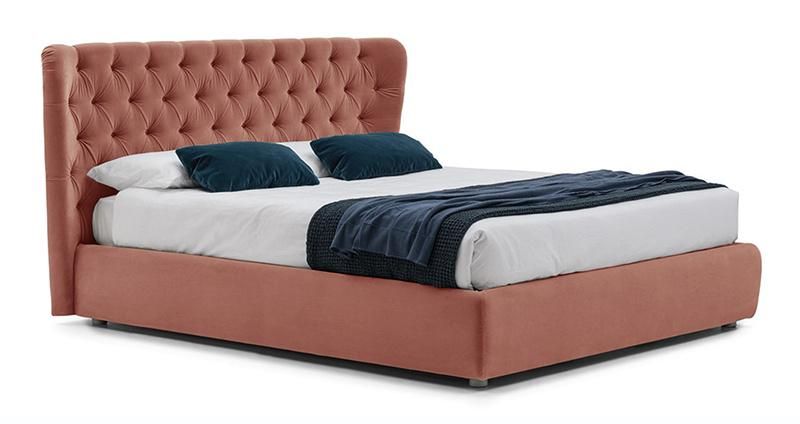 Modern Home Furniture Flat Bed Villa Bedroom Furniture Fabric King Queen Size Bed with Button Buckle Headboard