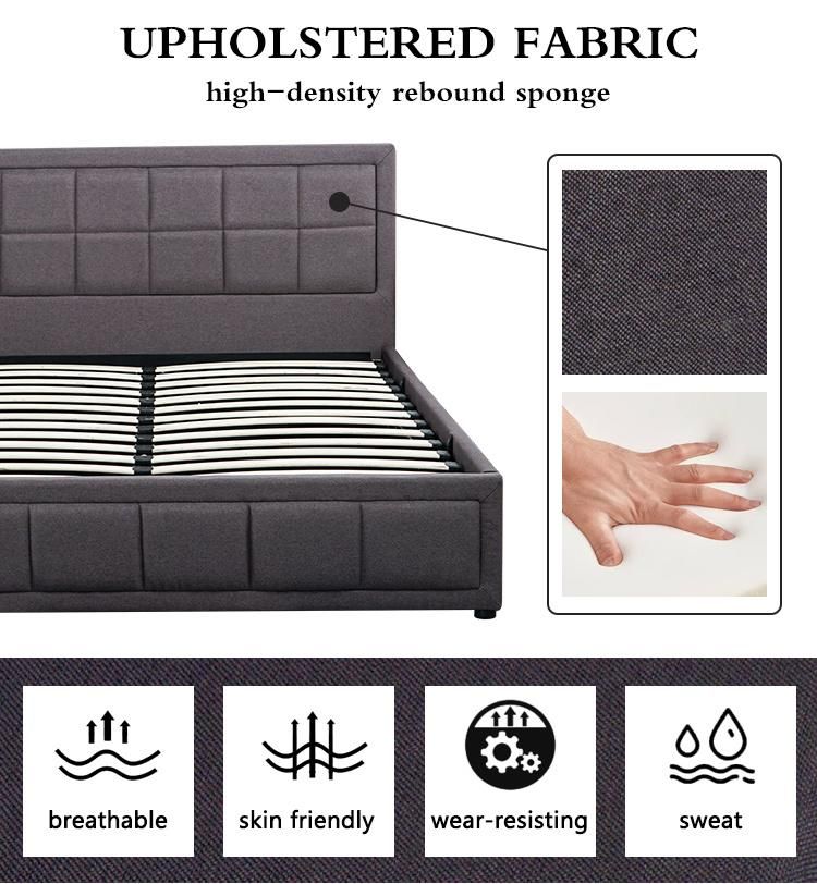Modern Stylish Fabric Single/Double/King Size Gas Lift Storage Bed Frame with Solid Wood Foot