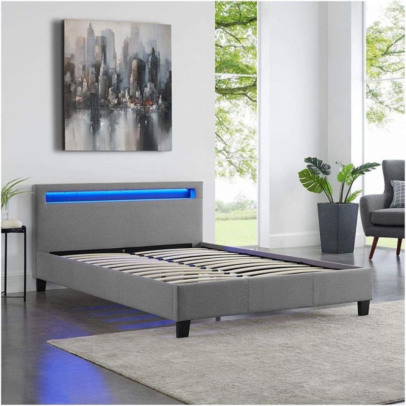 Big Ottoman Single Size Faux Leather Lighted Headboard Bed Frame with LED Light