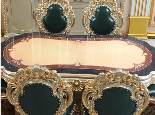 Home Hotel Furniture Antique Luxury Royal Gold 6 Chairs Marble Round Dining Table Set