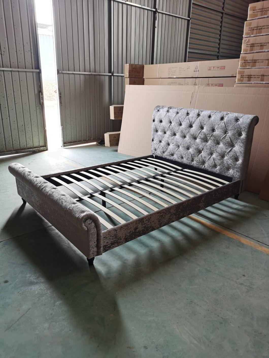 Luxury Design Bedroom Furniture Velvet Bed Fabric King Size Wooden Bed