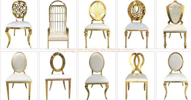 Classic Yellow Leather Velvet Flower Decoration Banquet Table Chair Set Gold Stainless Steel Wedding Dining Chair with High Big Shape Back
