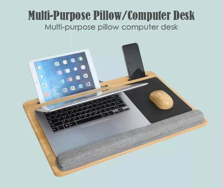Wholesale Portable Bamboo Laptop Stand Wooden Lap Tray Bed Sofa Desk with Soft Pillow Cushion