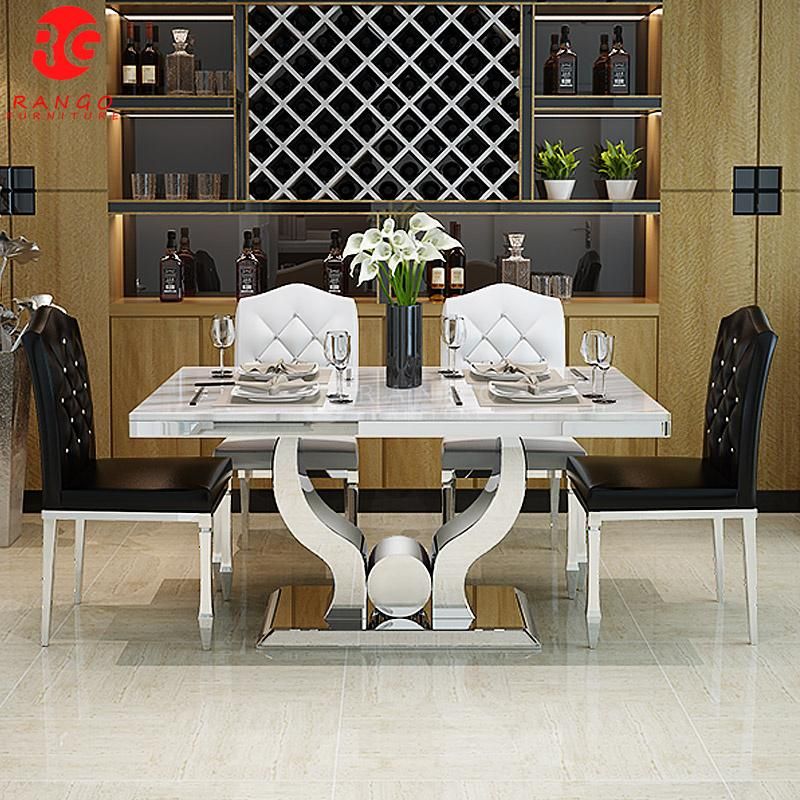 Dining Table with Premiere Grey Fabric Knockerback Chairs Grey Marble and Stainless Steel Chrome