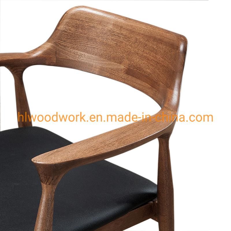 High Quality Hot Selling Modern Design Furniture Dining Chair Oak Wood Walnut Color Black PU Cushion Wooden Chair Furniture Dining Room Arm Chair Dining Chair