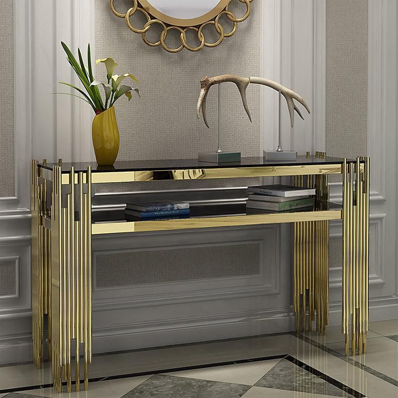 Luxury Modern Design Gold Stainless Steel Tempered Glass Top Rectangle Console Table