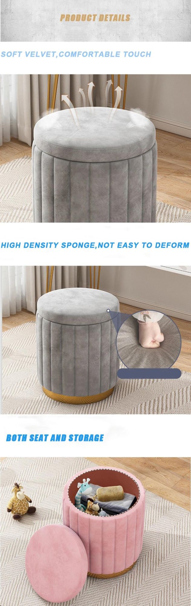 Gold Stainless Steel Base Round Velvet Ottoman Stool New Design Footstool for Home Bedroom Outdoor Furniture