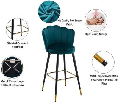 Upholstered Backrest Petal Design Metal Frame Golden Footrest Velvet Bar Stool for Breakfast Home Counter Kitchen