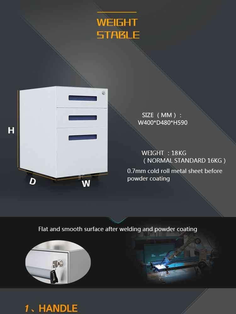 High Quality Modern No Handle Design Under Desk 3 Drawers Melamine Steel Mobile Pedestal Cabinet