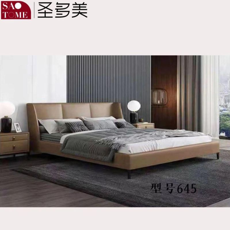 Hotel Bedroom Furniture Warm White Leather Solid Wood Frame Double Bed 1.5m 1.8m