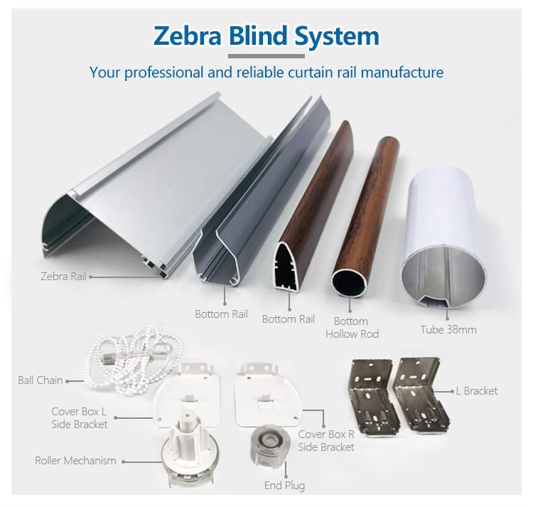 Fabric Insert Zebra Roller Blinds Top Cover Aluminium Profile Cassette